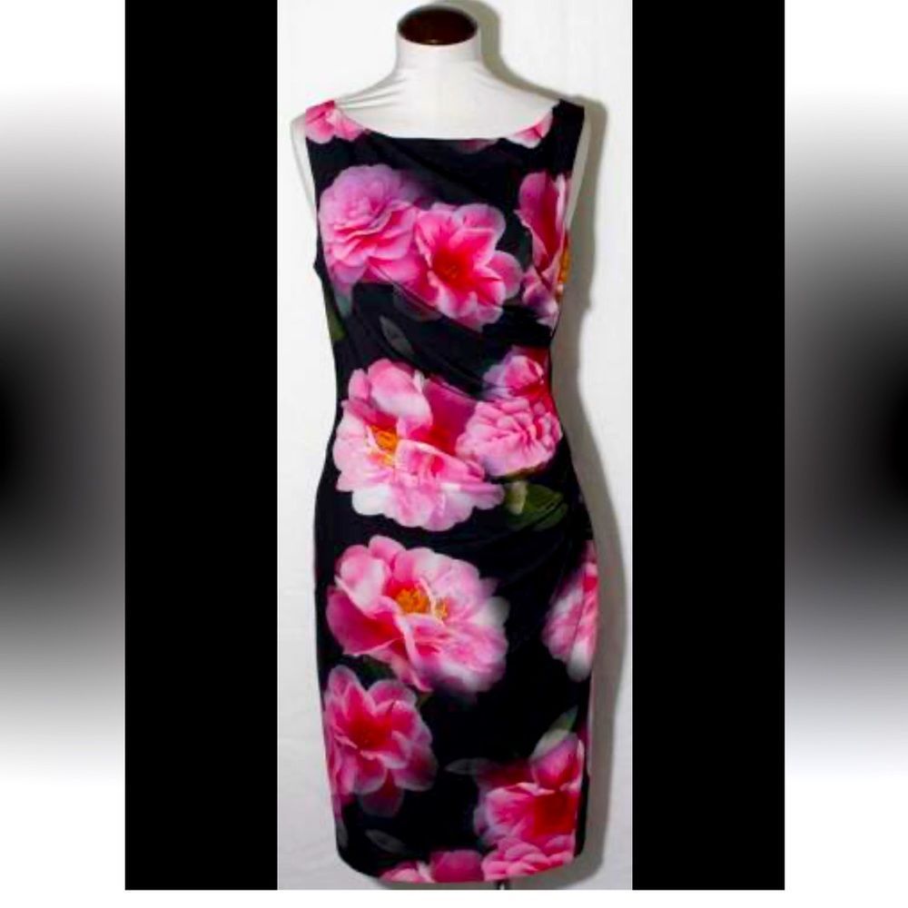 Karl Lagerfeld dress black dress side ruching floral dress. Large flowers